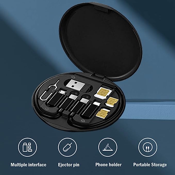 Portable Charging, Transmission & Data Storage Kit with Multiple Connectors & Sim Card Slots for iOS and Android Devices